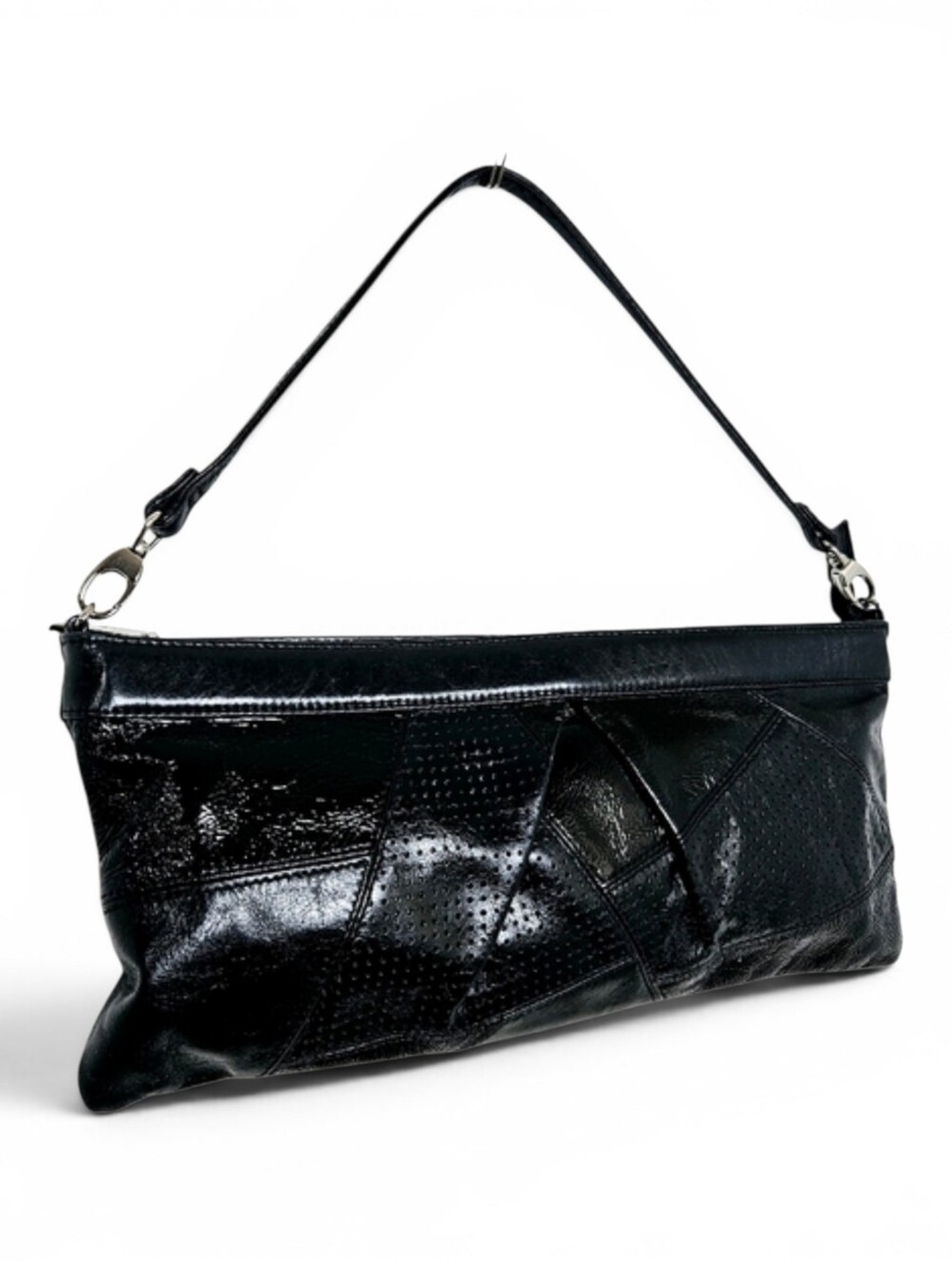 Vintage HOBO International OS Patchwork Leather Baguette Shoulder Bag Boho Black